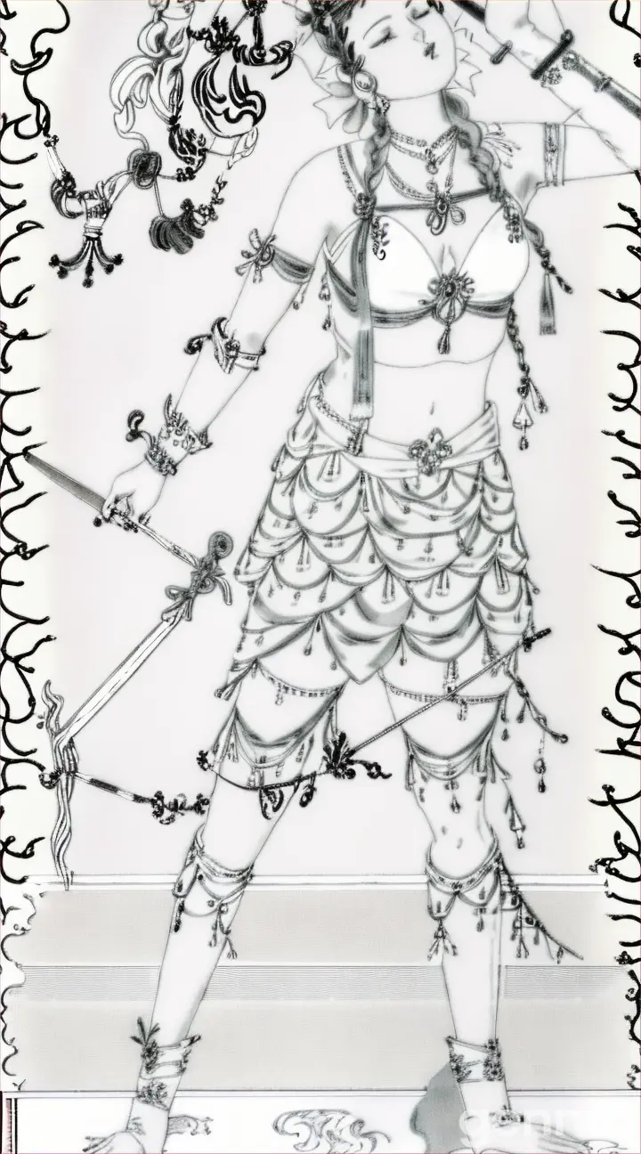 a black and white drawing of a woman holding a sword