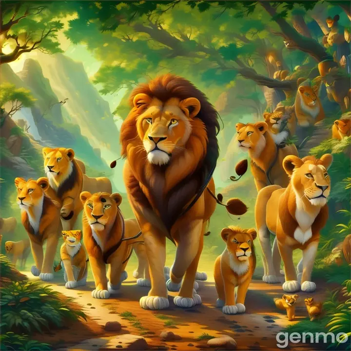 the lion family is walking through the jungle