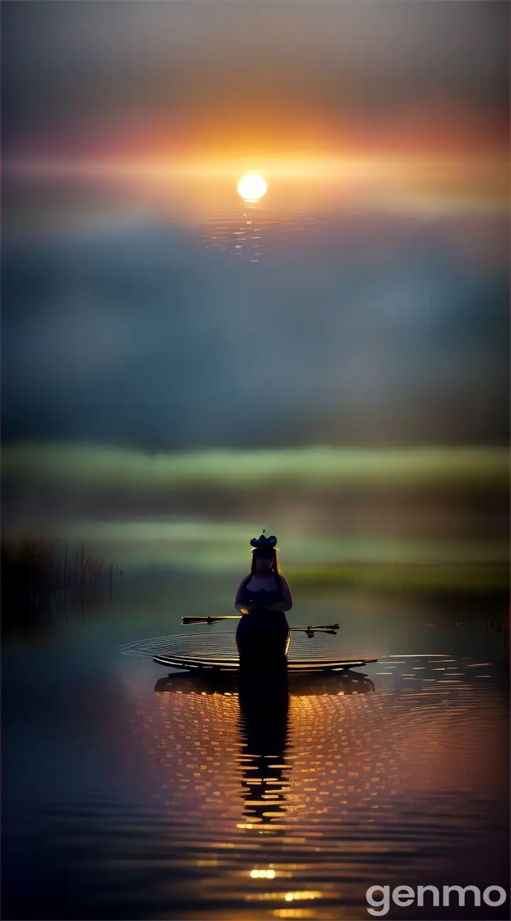 A plump goddess bathing in moonlit pond, surrounded by misty cattails and singing frogs