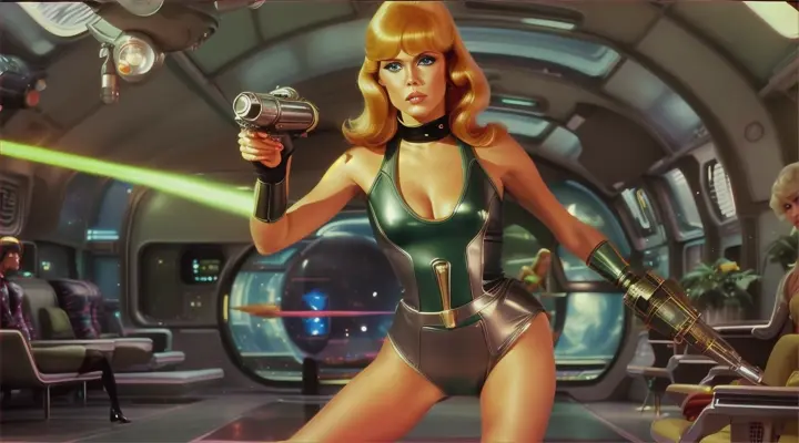 "filtro, escenas barbarella film 1968,  vestuario  mono de cuero de pieza entera hasta el cuello  estilo racer scifi retro futurista space mid century  1968 primer plano, ultra realista,  alto detalle, mas natural y humana, Patti Hansen as Barbarella film 1968  a 1970s-style , in an ultra-realistic,  a world of marte garden, "en acción, disparando rayos laser con una retro ray gun espacial estilo martian vintage scifi pulp de hojalata" . The watercolor conveys movement through varying perspectives of wind, walking, head-turns or zooming in or out. plano de abajo a arriba, plano de arriba a abajo, plano aéreo, timelapse, planet fantastic, mid century, retro futurismo, scifi, interior diseño retrofuturista 60s, space exploration, utopia, aventura retrofuturista, scifi accesorios"