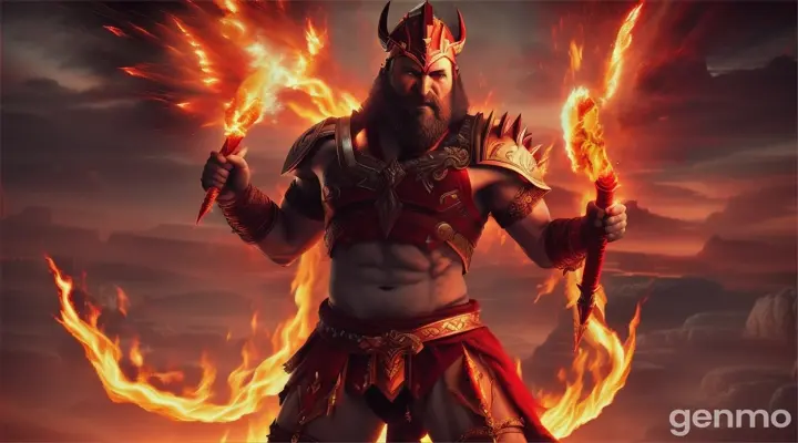 mars the god of war pumps his flaming sword in the air creating shockwaves of red fire energy, rage, power, epic, viking berserker