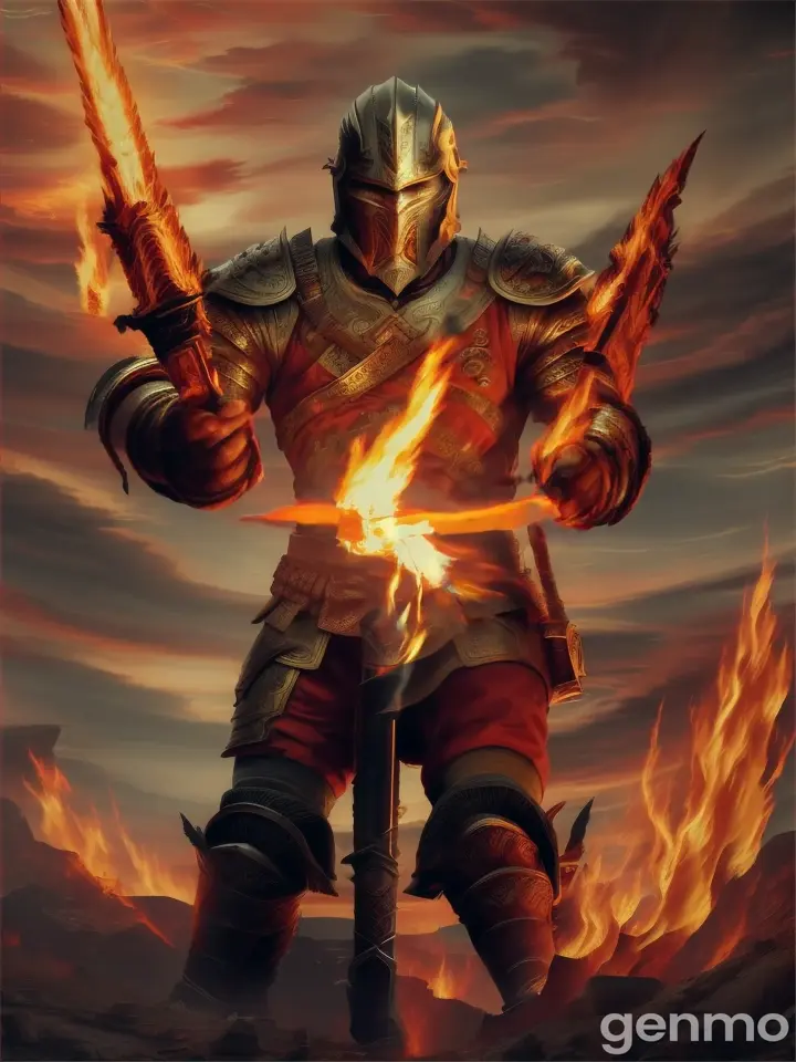 Mars the god of war, raising his flaming sword amidst an epic battlefield with a sky full of fire and destruction