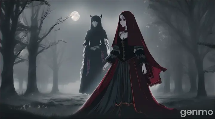 A dark, misty night in the village. In the distance, a faint, ghostly figure of Shaiyesta appears in her red bridal dress, standing under the pale moonlight. The wind blows softly, and she looks lost, her face a mix of sadness and longing. Shadows stretch along the empty streets as villagers watch from their windows in fear." Animation horror 