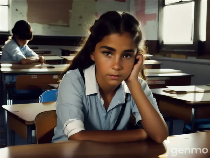 Carolina está sentada al fondo del aula, observando los pupitres viejos y las paredes descascaradas. Los otros estudiantes la miran de reojo, algunos murmurando, otros con curiosidad.