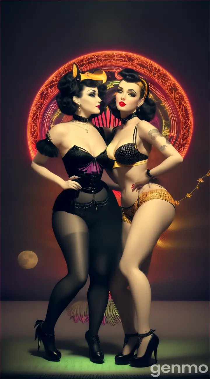 a 1950s Electro-jungle doo-wop rockabilly swing Cabaret duet between Lilith and Venus in the 12th house in the dark wild jungle of Taurus they embrace in the night beneath the luminescent black moon