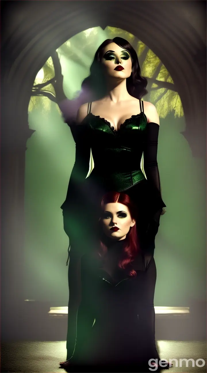 Dark cabaret duet set in a forest with deep greens and moody shadows, channeling Lilith & Venus in the 12th House