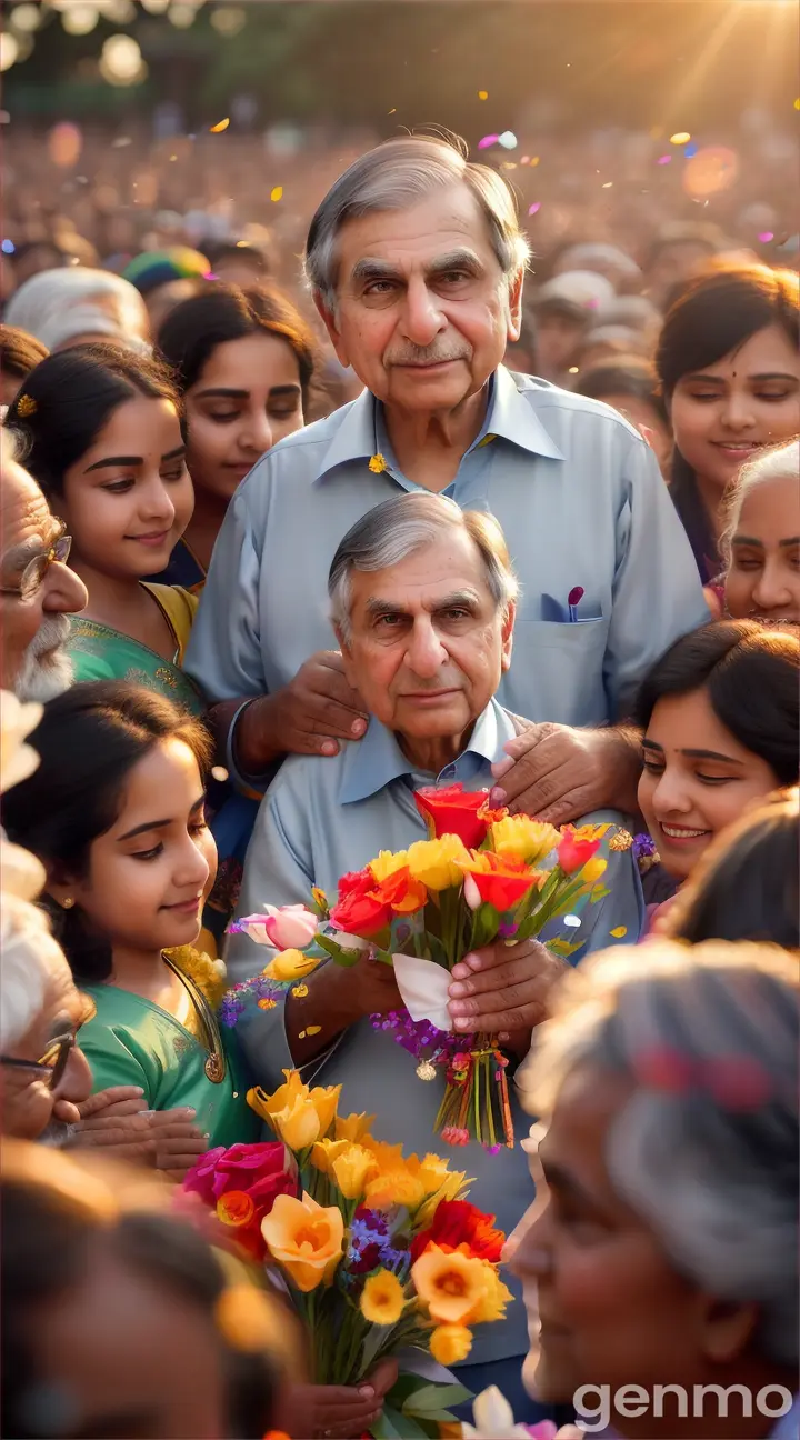 A heartfelt scene of Ratan Tata being surrounded by young and old people offering flowers and garlands, with a shining sunset in the background, symbolizing a life of service and inspiration."