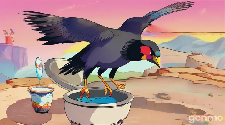 make a cartoon video with bright colours of a thirsty crow alone flyingin barren land looking at a pot half filled with water