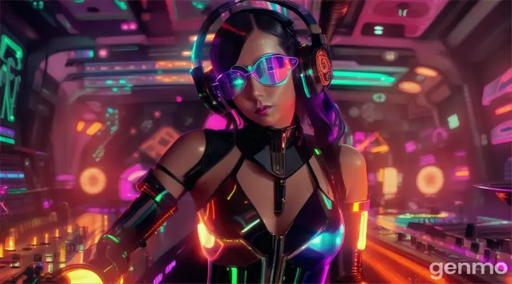 A slender woman with shapely hips and a larger bust than usual, wearing steampunk glasses, shiny headphones and a low-cut latex swimsuit, stands near a DJ mixing console and an electric piano in a steampunk club. Minimal clothing. Laser beams of bright colors against the background of large television screens.