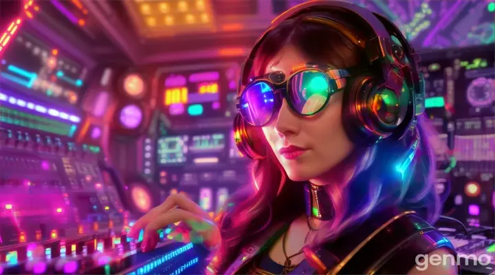 A slender woman with shapely hips and a larger bust than usual, wearing steampunk glasses, shiny headphones and a low-cut latex swimsuit, stands near a DJ mixing console and an electric piano in a steampunk club. Minimal clothing. Laser beams of bright colors against the background of large television screens.