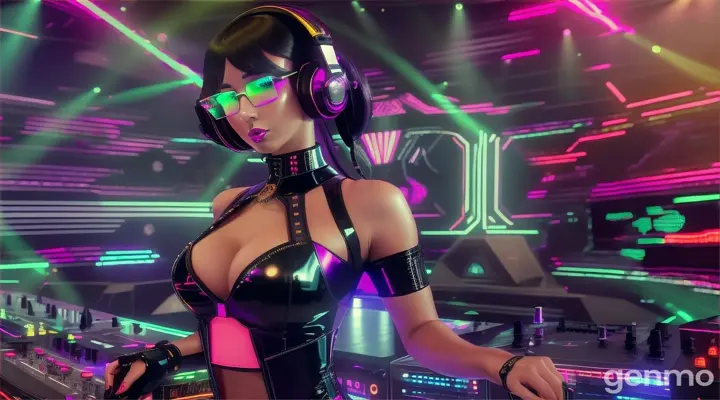 A slender woman with shapely hips and a larger bust than usual, wearing steampunk glasses, shiny headphones and a low-cut latex swimsuit, stands near a DJ mixing console and an electric piano in a steampunk club. Minimal clothing. Laser beams of bright colors against the background of large television screens.