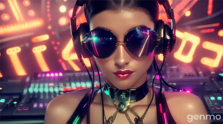 A slender woman with shapely hips and a larger bust than usual, wearing steampunk glasses, shiny headphones and a low-cut latex swimsuit, stands near a DJ mixing console and an electric piano in a steampunk club. Minimal clothing. Laser beams of bright colors against the background of large television screens.