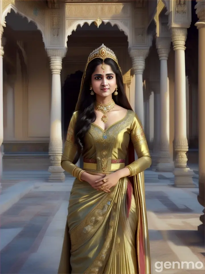 The Beautiful Princess Devayani
A royal princess, Devayani, standing gracefully in a palace courtyard, dressed in a rich silk gown, with long flowing hair, and a wise, serene expression on her face.
