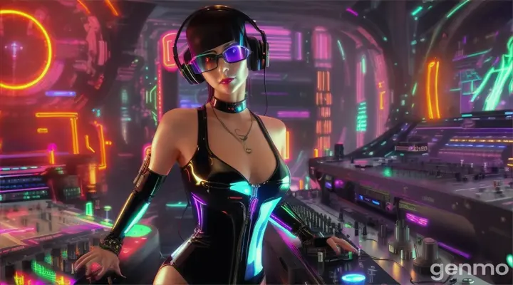 A slender woman with shapely hips and a larger bust than usual, wearing steampunk glasses, shiny headphones and a low-cut latex swimsuit, stands near a DJ mixing console and an electric piano in a steampunk club. Minimal clothing. Laser beams of bright colors against the background of large television screens.