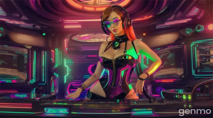 A slender woman with shapely hips and a larger bust than usual, wearing steampunk glasses, shiny headphones and a low-cut latex swimsuit, stands near a DJ mixing console and an electric piano in a steampunk club. Minimal clothing. Laser beams of bright colors against the background of large television screens.