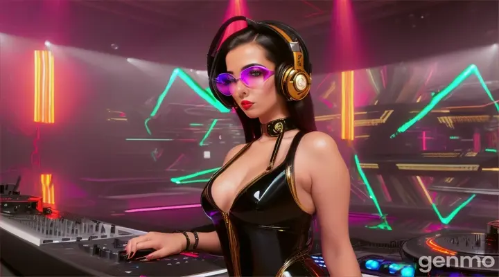 A slender woman with shapely hips and a larger bust than usual, wearing steampunk glasses, shiny headphones and a low-cut latex swimsuit, stands near a DJ mixing console and an electric piano in a steampunk club. Minimal clothing. Laser beams of bright colors against the background of large television screens.