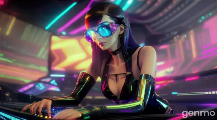 A slender woman with shapely hips and a larger bust than usual, wearing steampunk glasses, shiny headphones and a low-cut latex swimsuit, stands near a DJ mixing console and an electric piano in a steampunk club. Minimal clothing. Laser beams of bright colors against the background of large television screens.