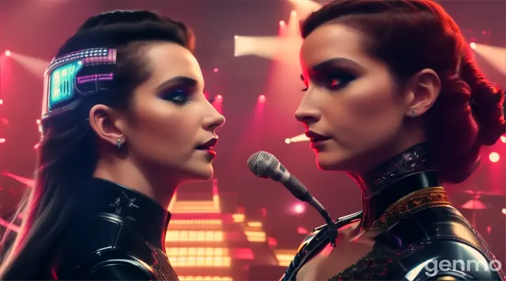 hyper realistic david gahan singing to a robot woman with long hair
