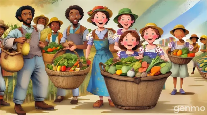 a group of people standing around a basket of vegetables