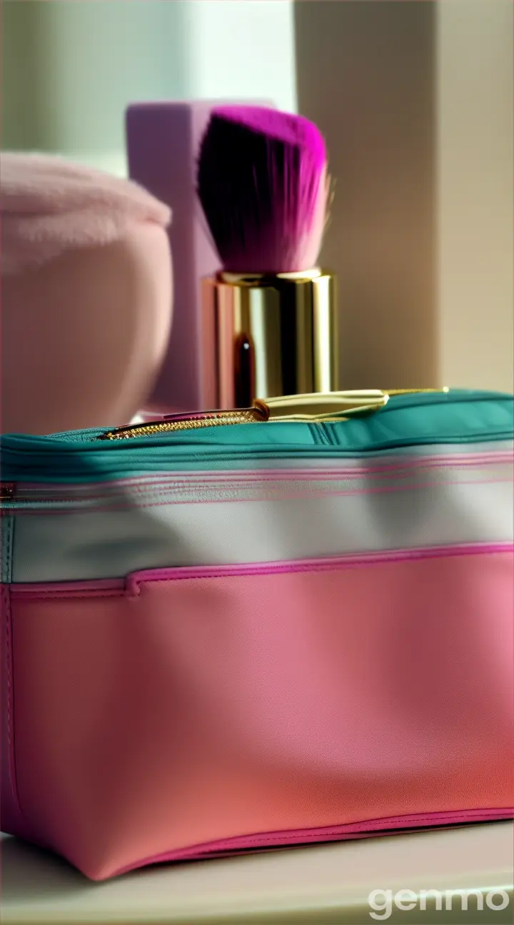 A cosmetic bag is placed on the vanity table.