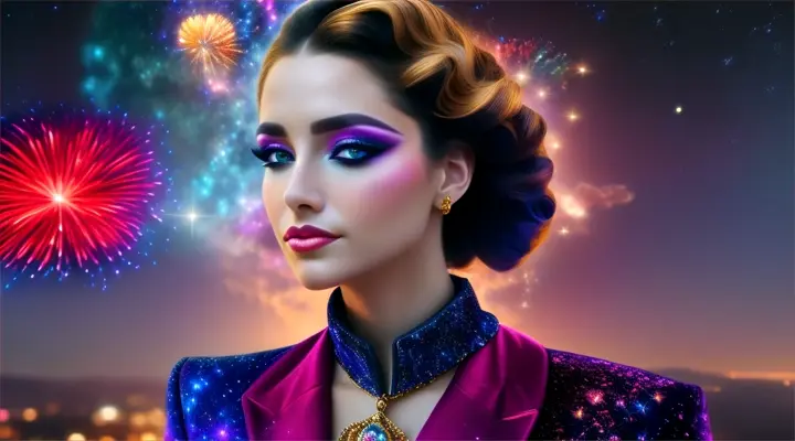 Mujer bella americana look opulento y elegante, background galaxy nebulosa y fuegos artificiales...