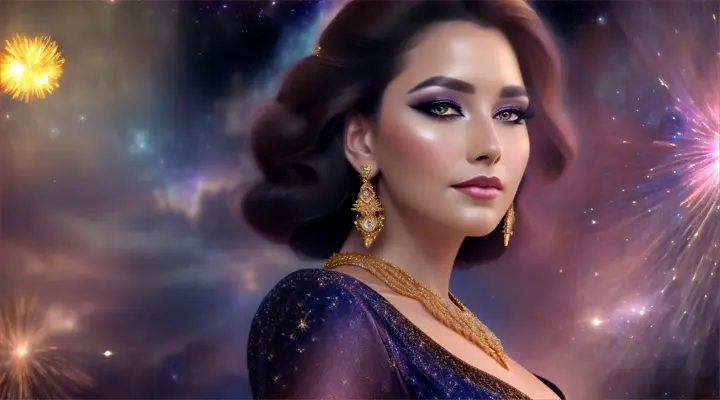 Mujer bella americana look opulento y elegante, background galaxy nebulosa y fuegos artificiales...