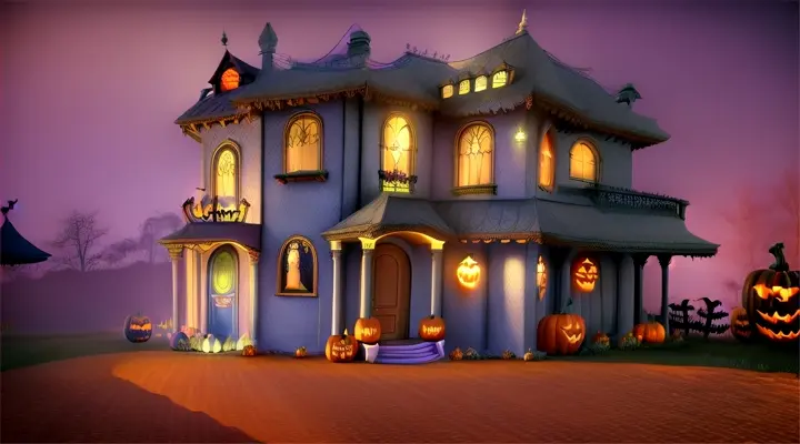 A cartoon-style 3D rendering of a flamboyant, Halloween-themed haunted house, complete with spooky ghosts and creepy crawlies.