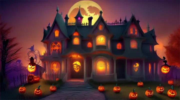 A cartoon-style 3D rendering of a flamboyant, Halloween-themed haunted house, complete with spooky ghosts and creepy crawlies.