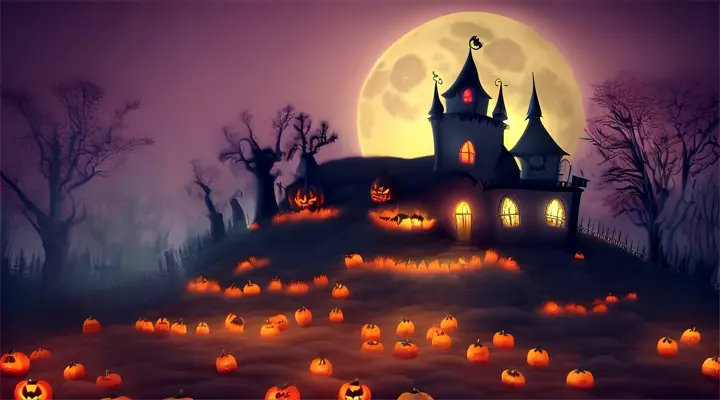 A cartoon-style 3D rendering of a flamboyant, Halloween-themed haunted house, complete with spooky ghosts and creepy crawlies.