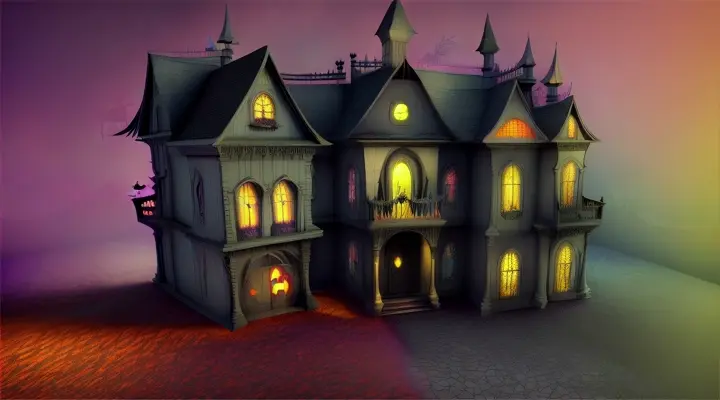 A cartoon-style 3D rendering of a flamboyant, Halloween-themed haunted house, complete with spooky ghosts and creepy crawlies.