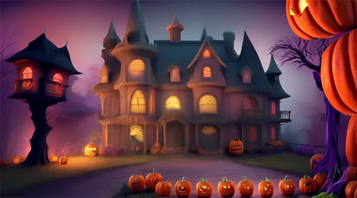 A cartoon-style 3D rendering of a flamboyant, Halloween-themed haunted house, with cute monsters and magical creatures A cartoon-style 3D rendering of a flamboyant, Halloween-themed haunted house, complete with spooky ghosts and creepy crawlies.