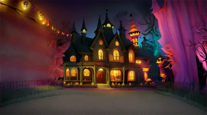 A cartoon-style 3D rendering of a flamboyant, Halloween-themed haunted house, with cute monsters and magical creatures A cartoon-style 3D rendering of a flamboyant, Halloween-themed haunted house, complete with spooky ghosts and creepy crawlies.