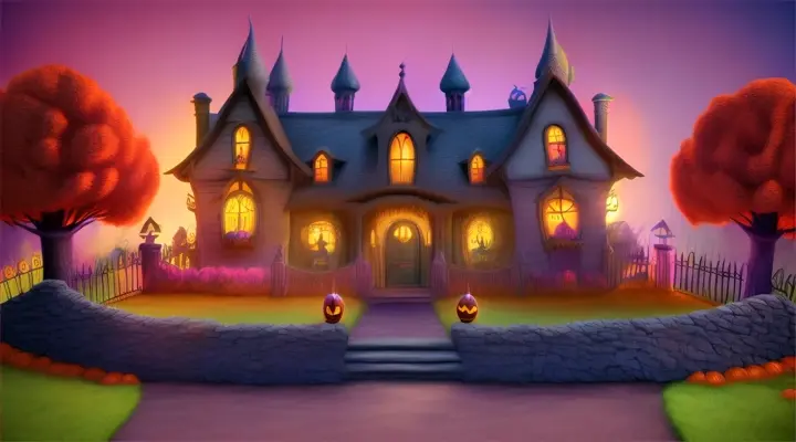 A cartoon-style 3D rendering of a flamboyant, Halloween-themed haunted house, with cute monsters and magical creatures A cartoon-style 3D rendering of a flamboyant, Halloween-themed haunted house, complete with spooky ghosts and creepy crawlies.