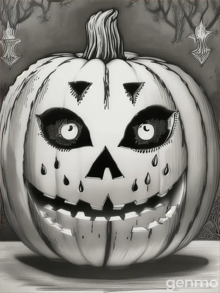 dibujo con tinta negra de una calabaza de halloween con boca sin ojos con una vela adentro
