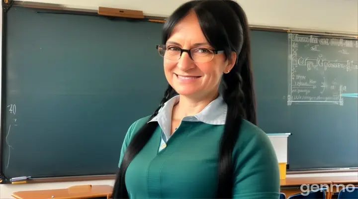 une jolie femme de 40 ans,  professeur, souriante, cheveux très noirs et longs, coiffée avec une frange sur le front et une queue de cheval,aux yeux vert clair, avec lunettes, est au tableau, avec une règle dans le main. Vu du fond de la classe.elle est habillée en bleu.