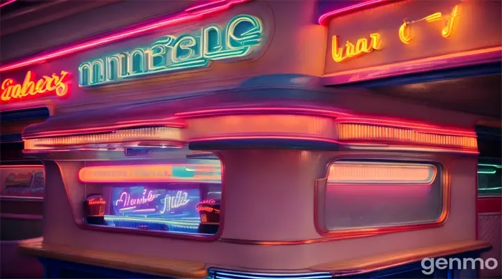 Retro diner at twilight, neon signage glowing, digital illustration in a 1950s style