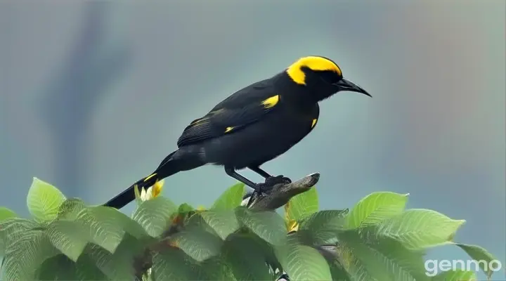 a black and yellow bird sitting on top of a tree