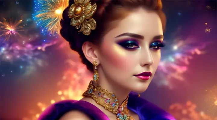 Mujeres bellas inglesas look opulento y elegante, background galaxy nebulosa y fuegos artificiales...
