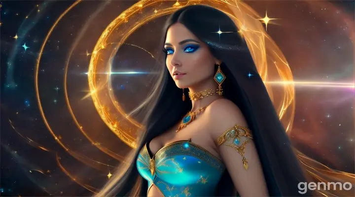 An extravagantly beautiful spectacle, everything glitters and shimmers with lights. A star portal in space with stars, comets and ghost orchids flying, all swirling and flying into a glittering portal. On the background of the portal is a beautiful female face with expressive blue intelligent eyes and dark developing hair, on her head voluminous jewelry made of stones and gold. The girl smiles slightly. high quality image, realism, natural colors, vivid colors, intricate details, high detail, realistic, cinematic, studio shooting, wide angle lens, half angle, sharp focus, best shadows, depth of field, ultra realistic detailed lighting, volumetric lighting, cinematic lighting, dramatic lighting, rays of light, film, 8k, hdr, high resolution