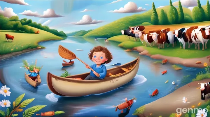 a painting of a boy in a canoe in a river surrounded by cows