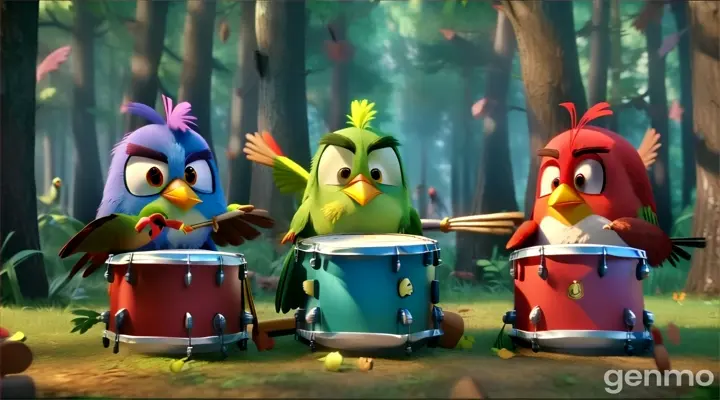 the angry birds are playing drums in the forest