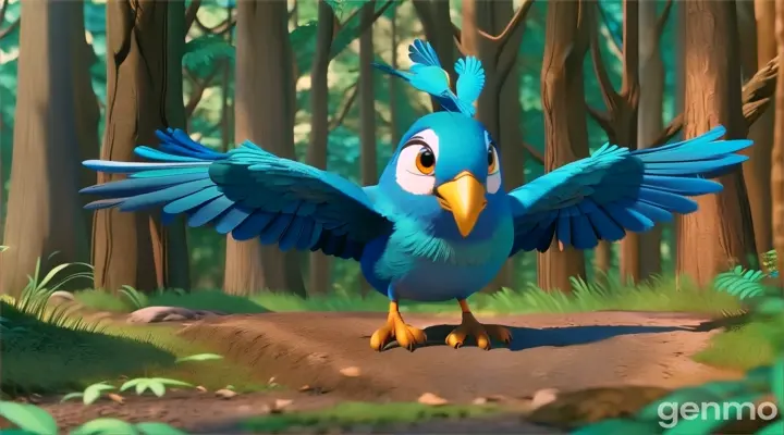 a blue bird flapping wings in the middle of a forest