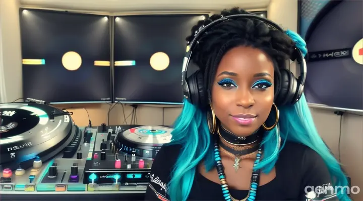 une belle femme noire DJ , souriante,avec des cheveux longs, lisses et noirs, les yeux bleus clairs, avec un casque sur les oreilles et des colliers amérindiens  turquoises autour du cou, mixe avec ses deux platines dans un studio de radio FM. 