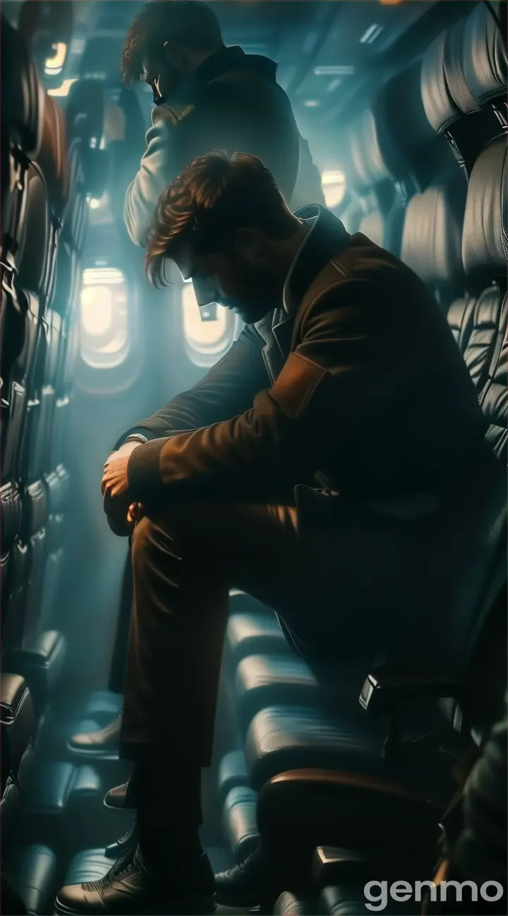 Create Scene: Ultra-realistic and high-definition 8K image of a somber man sitting in the back of an airplane, head bowed in deep sorrow, with a dark, muted atmosphere around him. The light is dim, reflecting the heavy emotions of grief and solitude. Cinematic style, aspect ratio 16:9.