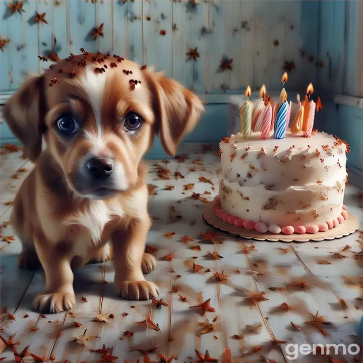 a puppy sitting in front of a birthday cake