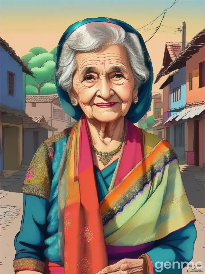 A old women in saree walking in village street cartoon 