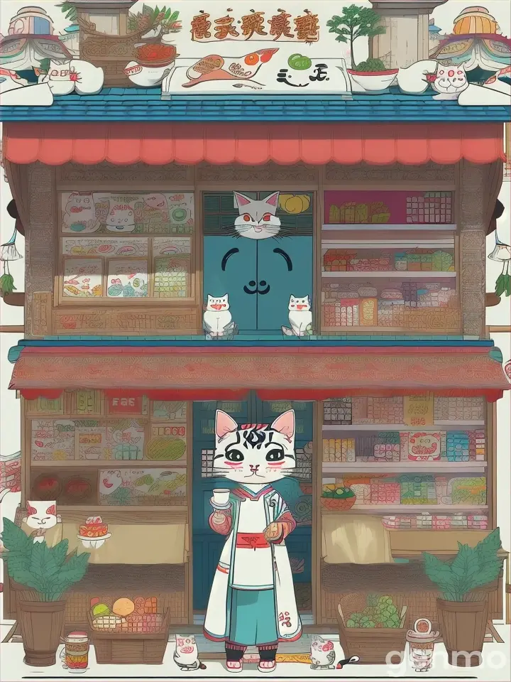 A shop, stall, ,Grocery art, unique style of yokaiillustration, detailed character design, cutecartoon design, playful cat pattern,all aroundwhite space --ar 5:7 --niii 5