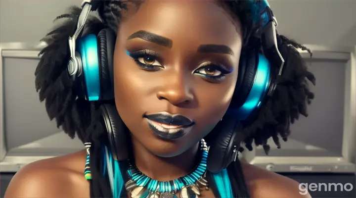 une belle femme noire DJ , souriante,avec des cheveux longs, lisses et noirs, les yeux bleus clairs, avec un casque sur les oreilles et des colliers amérindiens  turquoises autour du cou, mixe avec ses deux platines dans un studio de radio FM. 