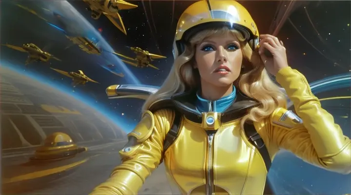 " retro mundo Barbarella film 1968, Patti Hansen con la boca cerrada as Barbarella film 1968  a 1968s-style, rostro muy natural, ultra realista y alto detalle, efecto viento,    space exploration, utopia, aventura  retro futurista, space age underground  transgresor,  planet fantastic, mid century, retro futurismo steampunk 1968s-style, casco transgresor  retro racer mid century steampunk space age  yellow barbarella style, transgresor, extravagante, raro, retro futurista 1968 space age, fantasy accesorios,  escenas barbarella film 1968,  vestuario  mono de cuero de pieza entera hasta el cuello  estilo racer scifi retro futurista space   1968 primer plano, in an ultra-realistic,  a world of marte garden, "en acción, disparando rayos laser con una retro ray gun espacial estilo martian vintage scifi pulp de hojalata, 1970s-style" . The watercolor conveys movement through varying perspectives of wind, walking, head-turns or zooming in or out. plano de abajo a arriba, plano de arriba a abajo, plano aéreo, timelapse,"