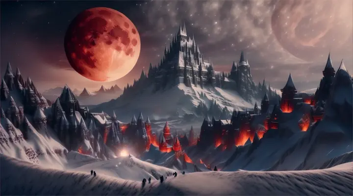 demon labyrinth, snowy mountain blood moon